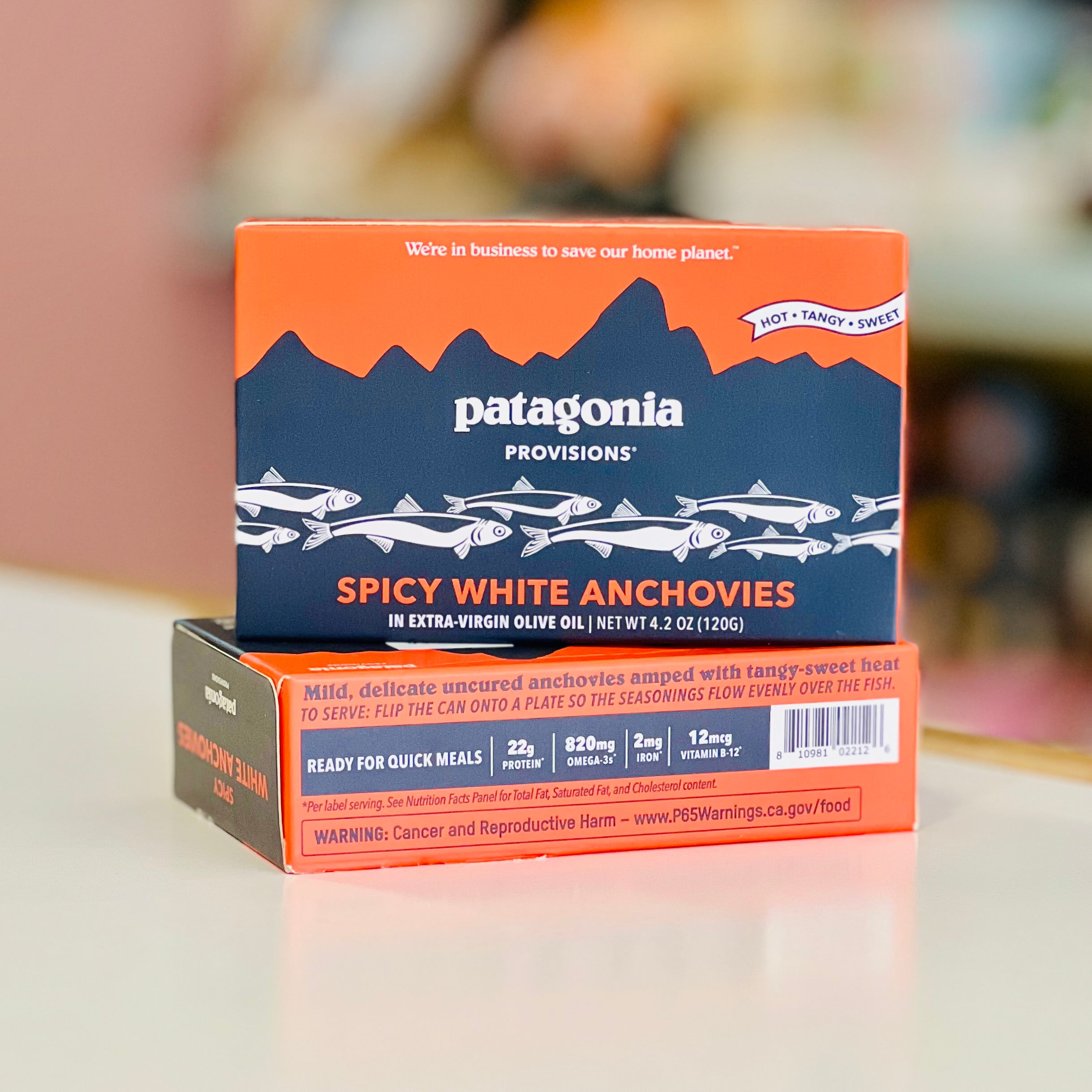 Patagonia Provisions Spicy White Anchovies packaging on a blurred background