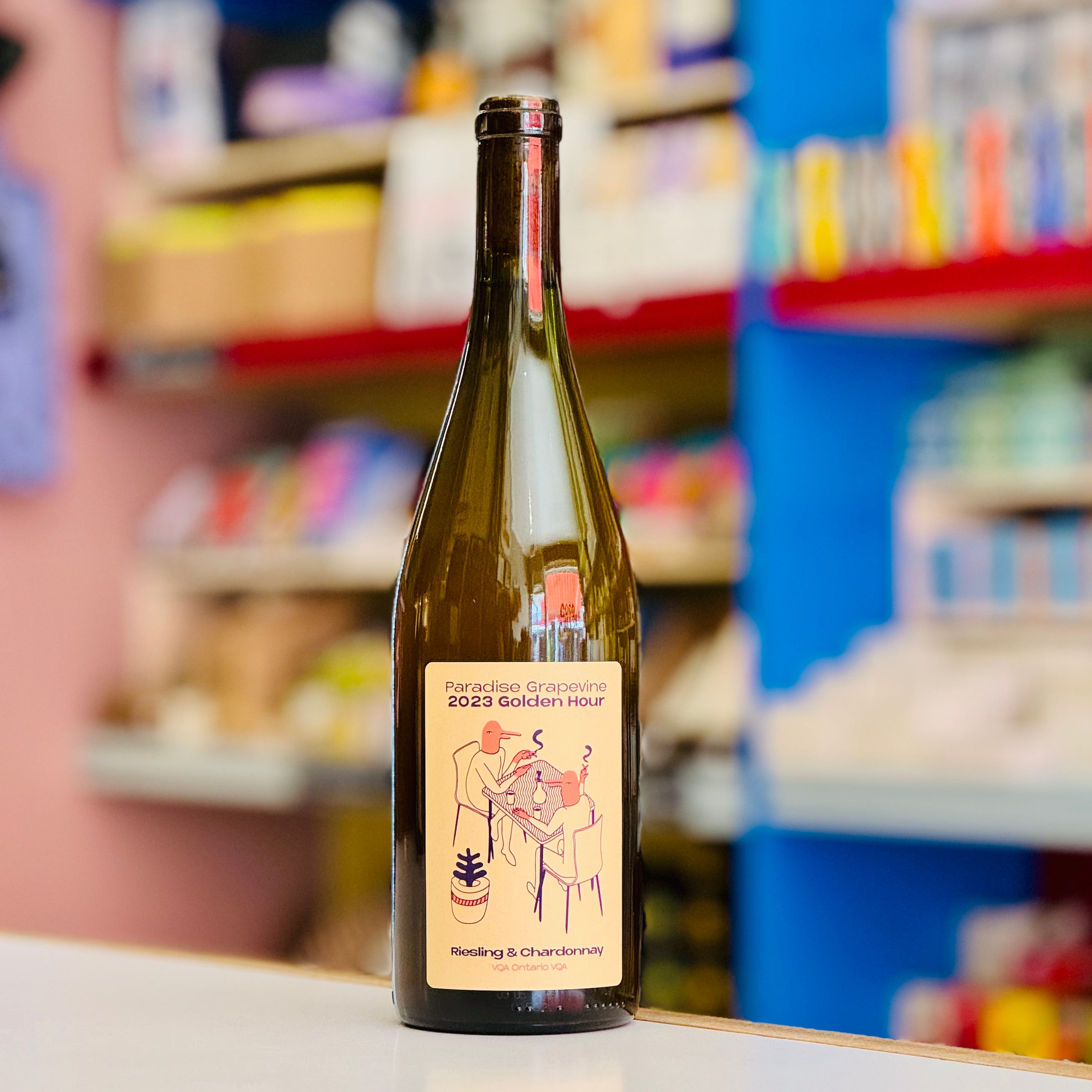 Wine bottle with a label on a shelf in a store