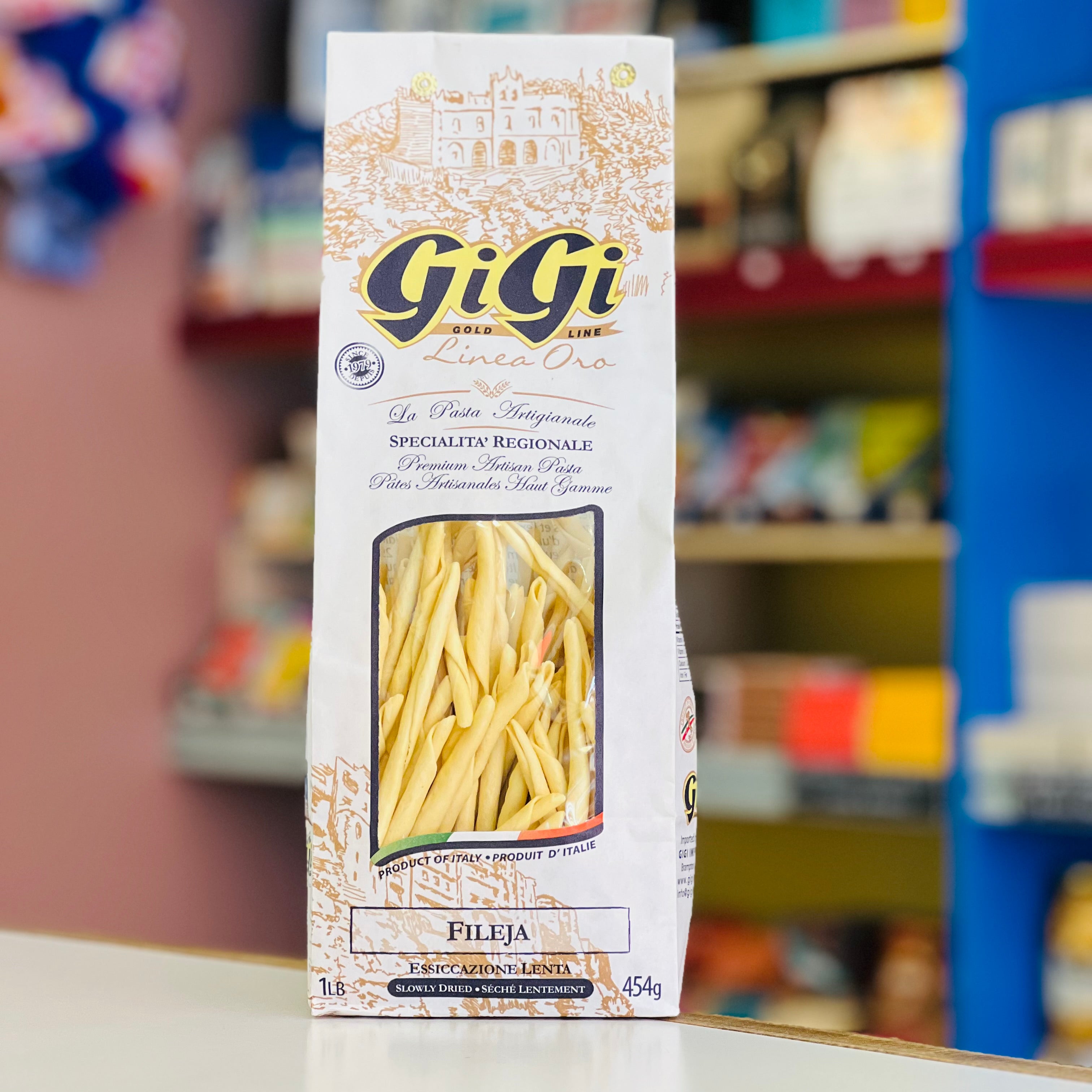 GiGi pasta package on a shelf with blurred store background