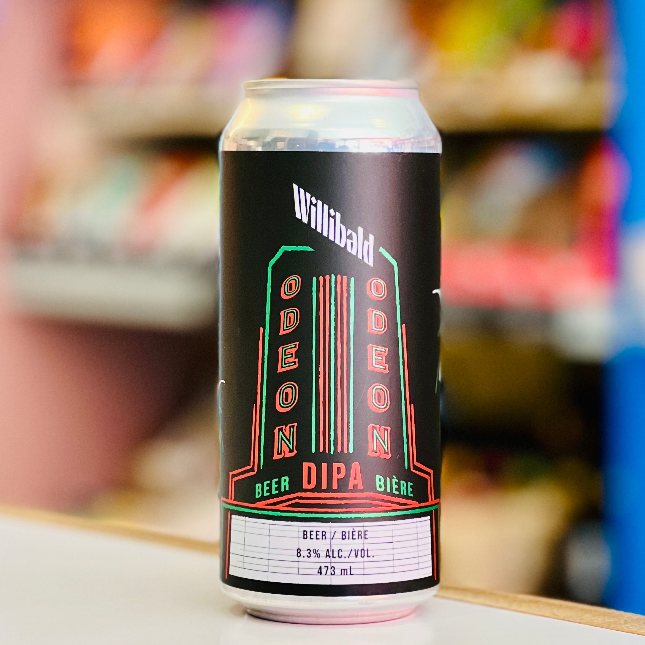 Willibald Odeon DIPA beer can on a shelf with blurred store background