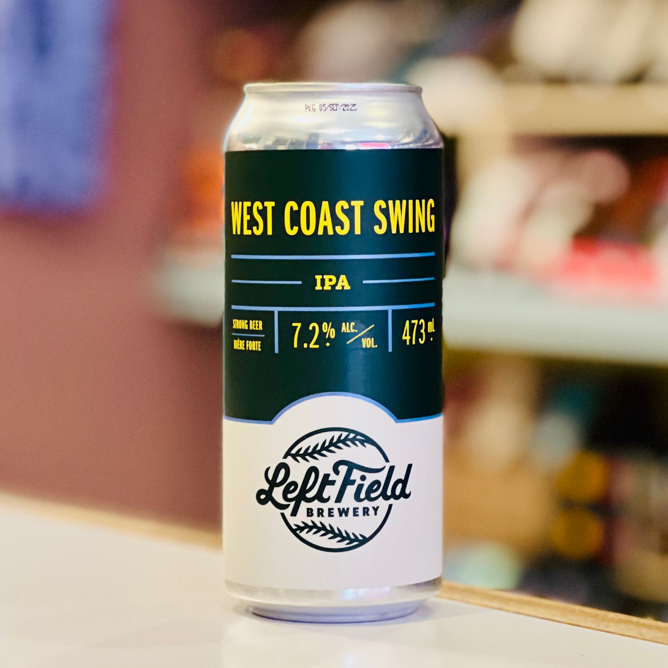 Can of West Coast Swing IPA from Left Field Brewery on a blurred background