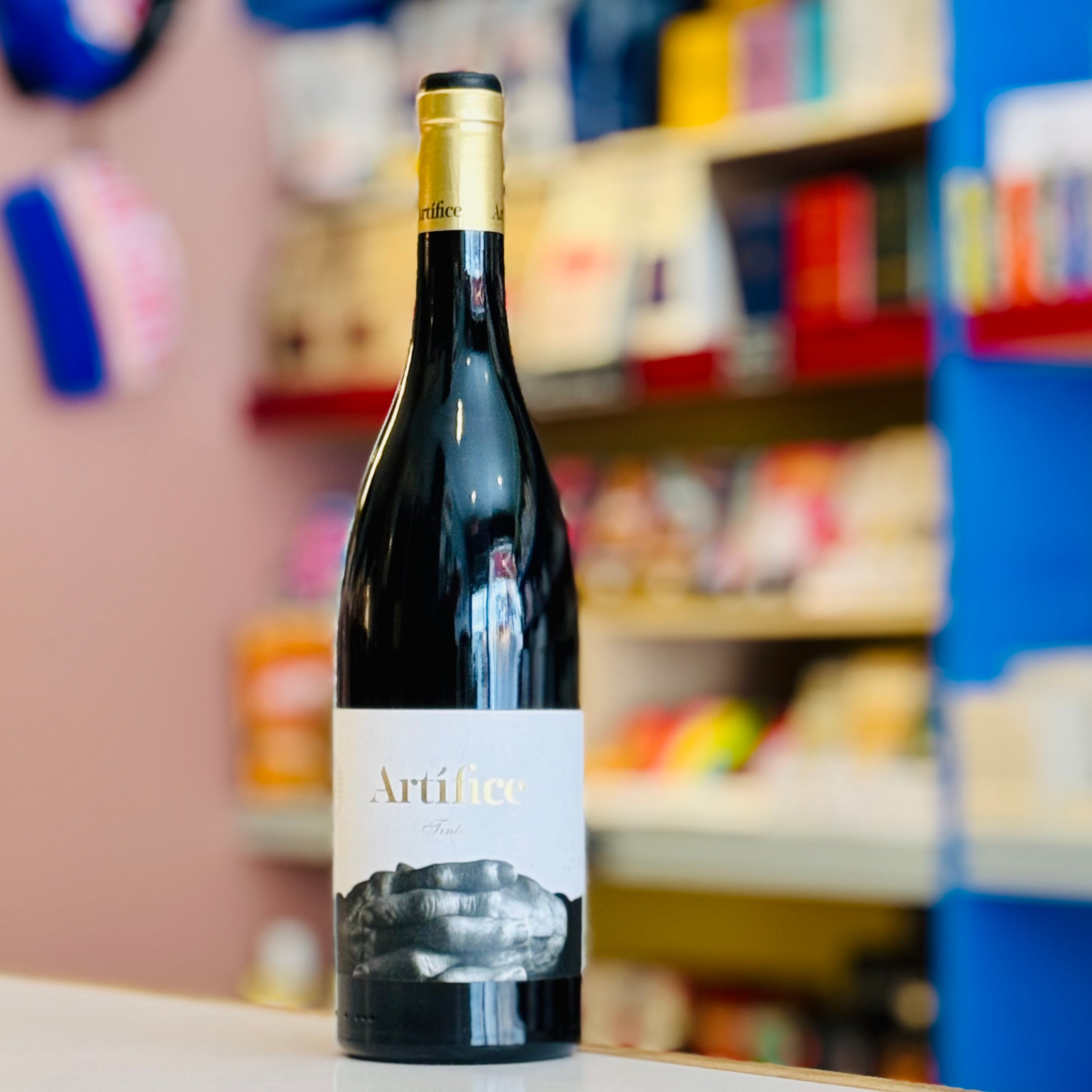 Wine bottle with a label in a store setting