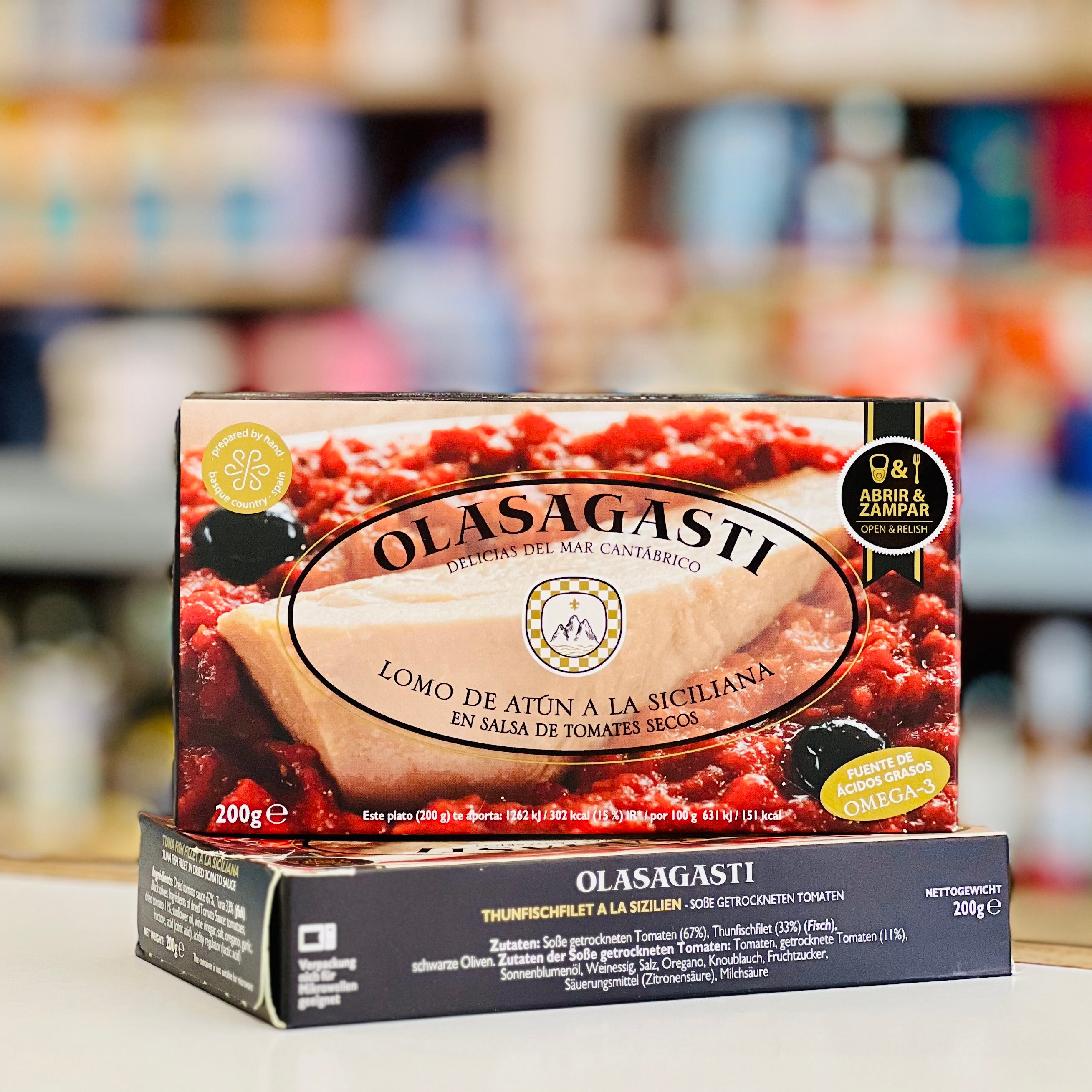 Olasagasti food packaging on a shelf with blurred store background