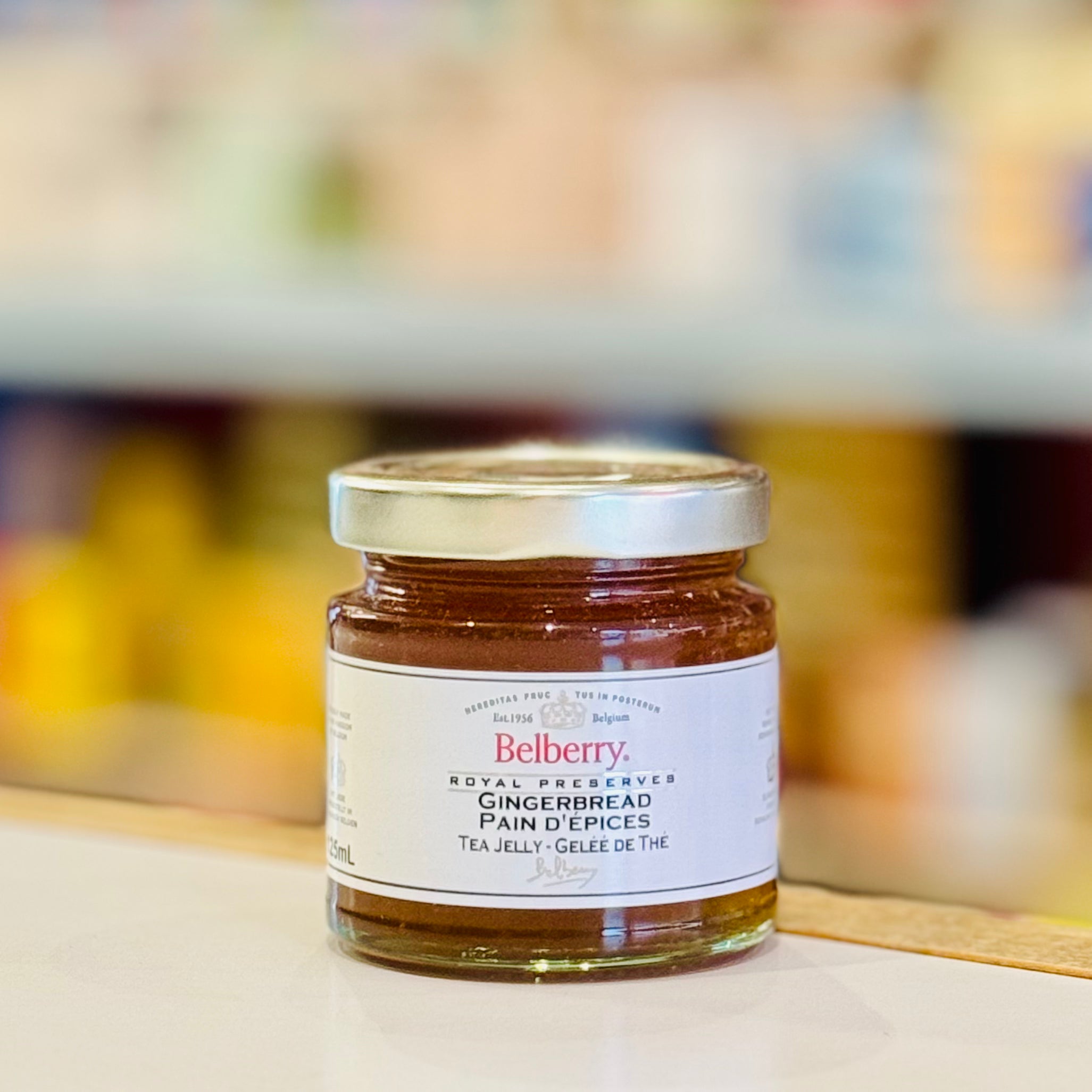 Jar of Belberry Gingerbread jelly on a blurred background