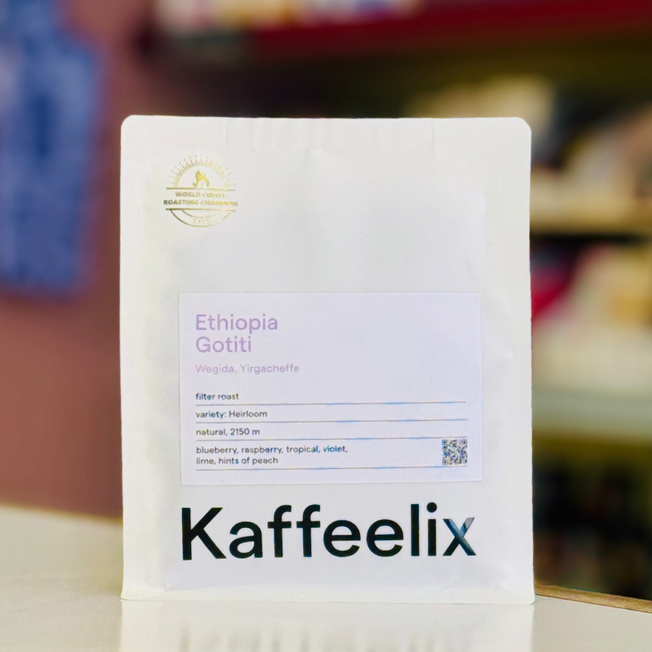 Kaffeelix coffee package with Ethiopia Gotiti label on a blurred background