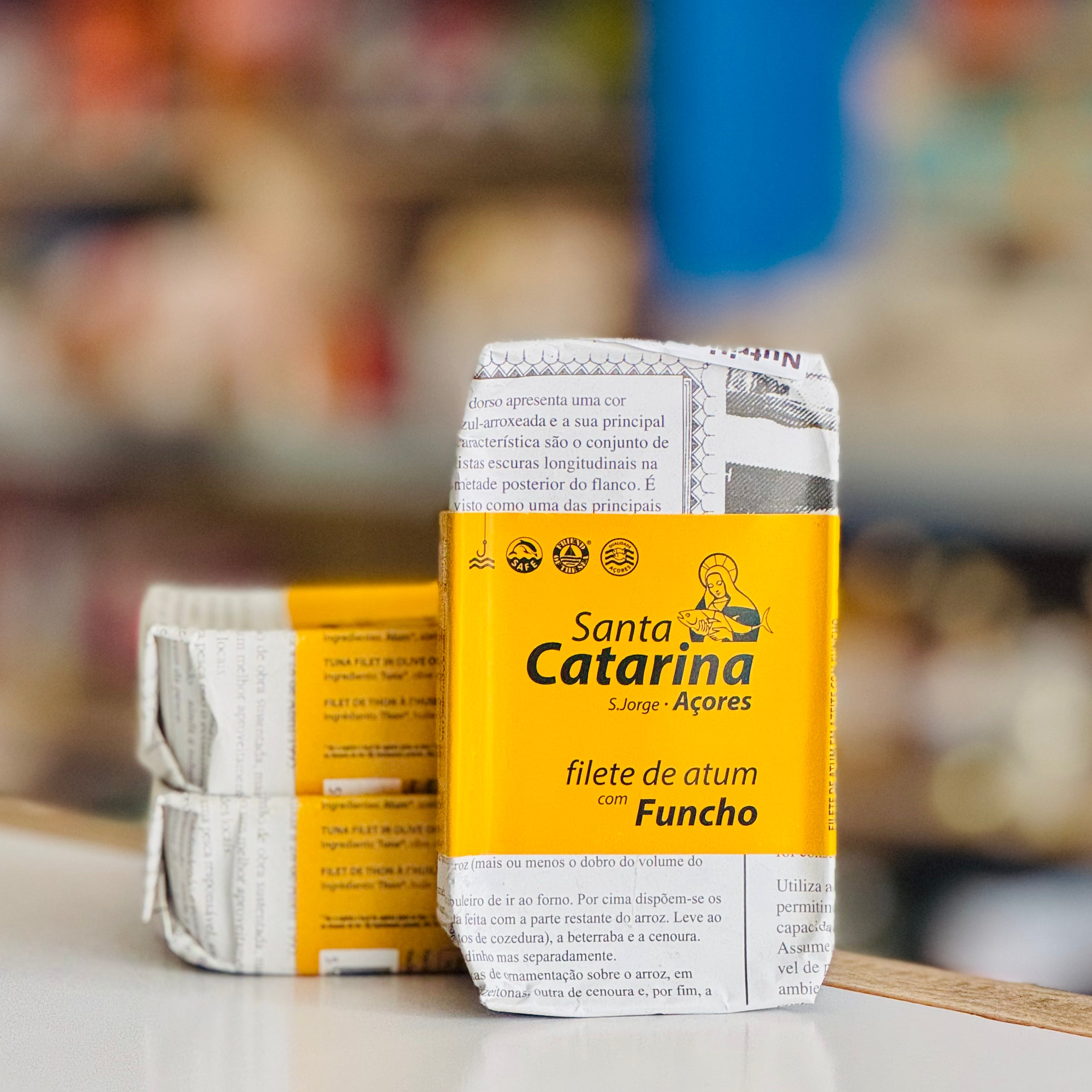 Packaged food product with 'Santa Catarina' branding on a blurred background