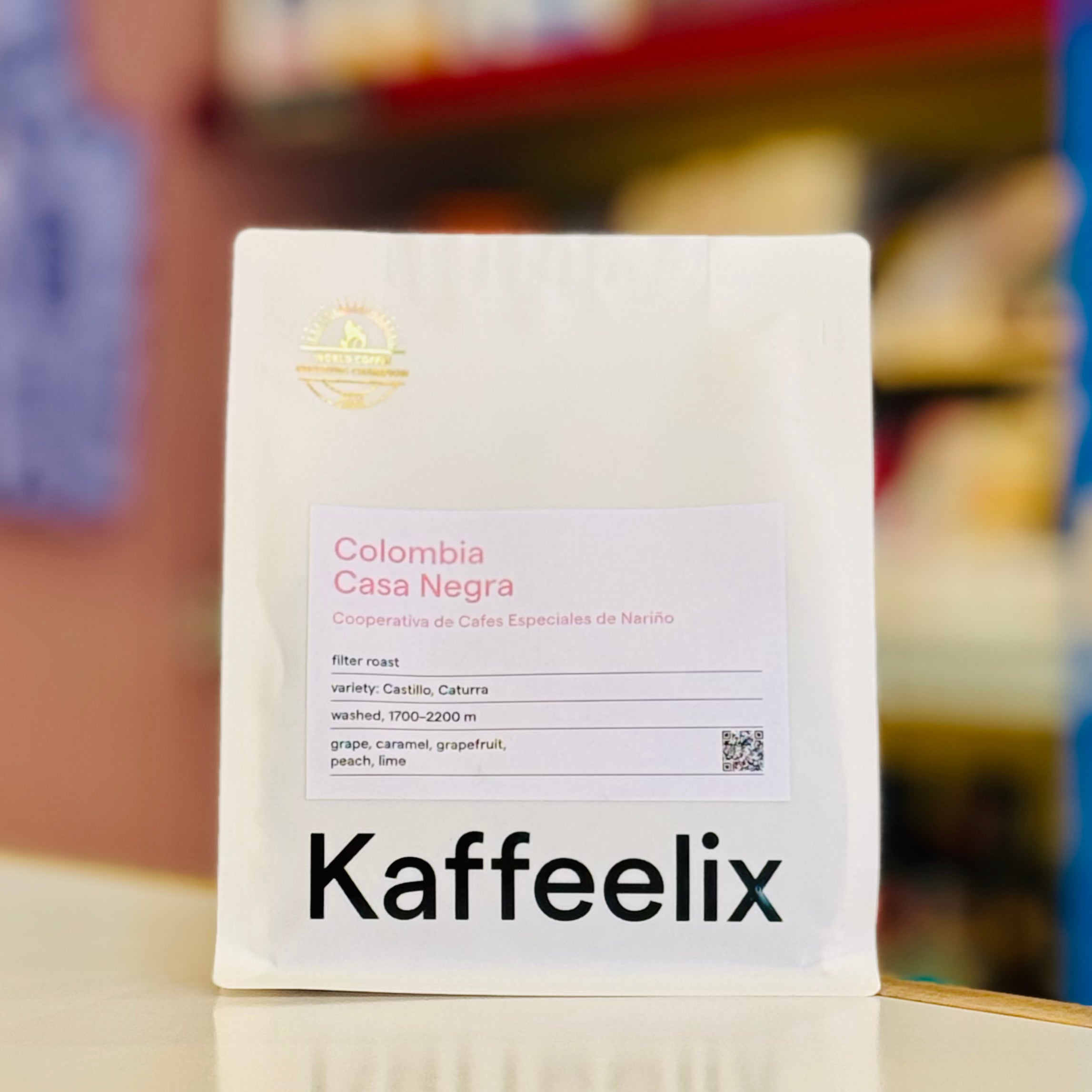 Kaffeelix coffee package with label on a blurred background