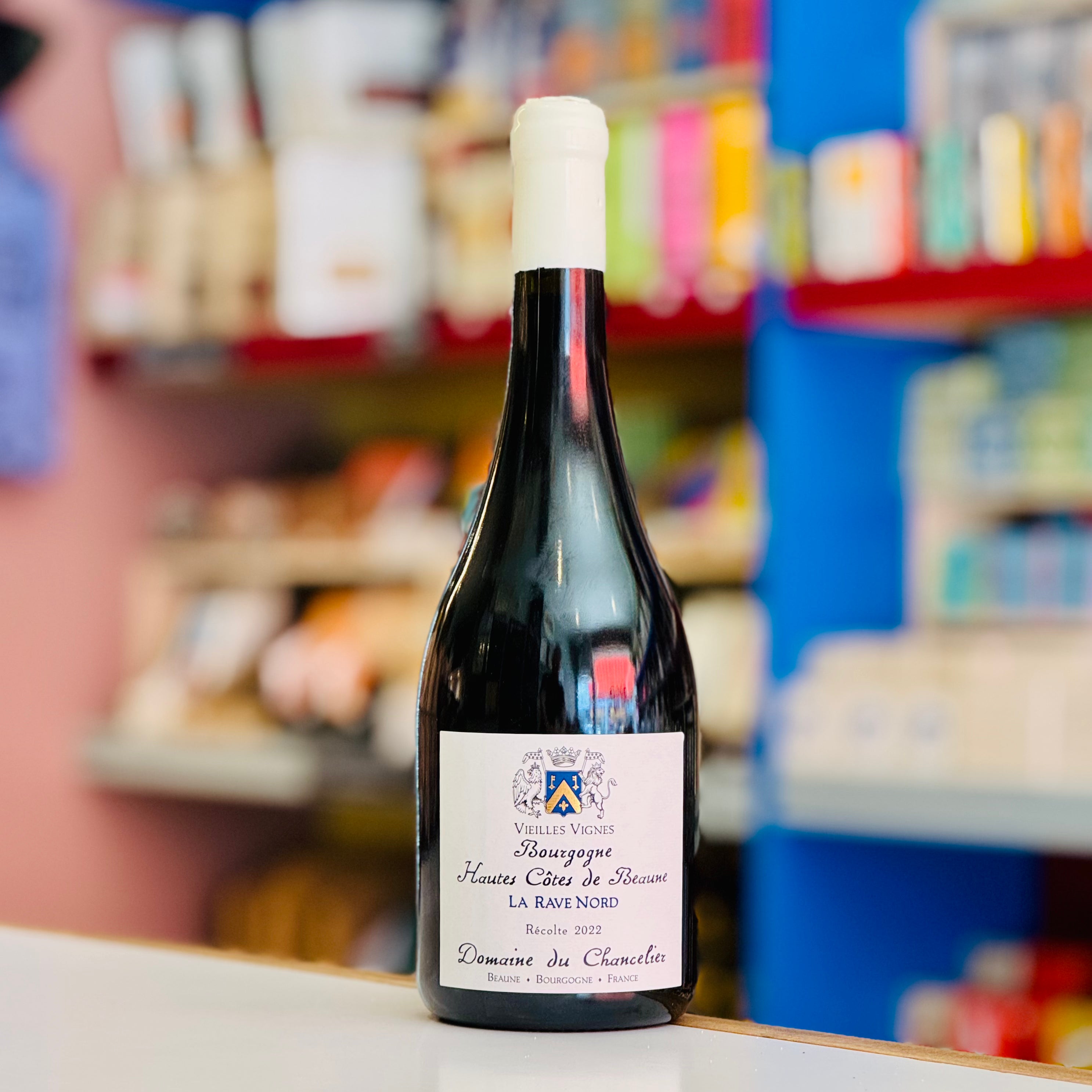 Wine bottle with a label in a store setting