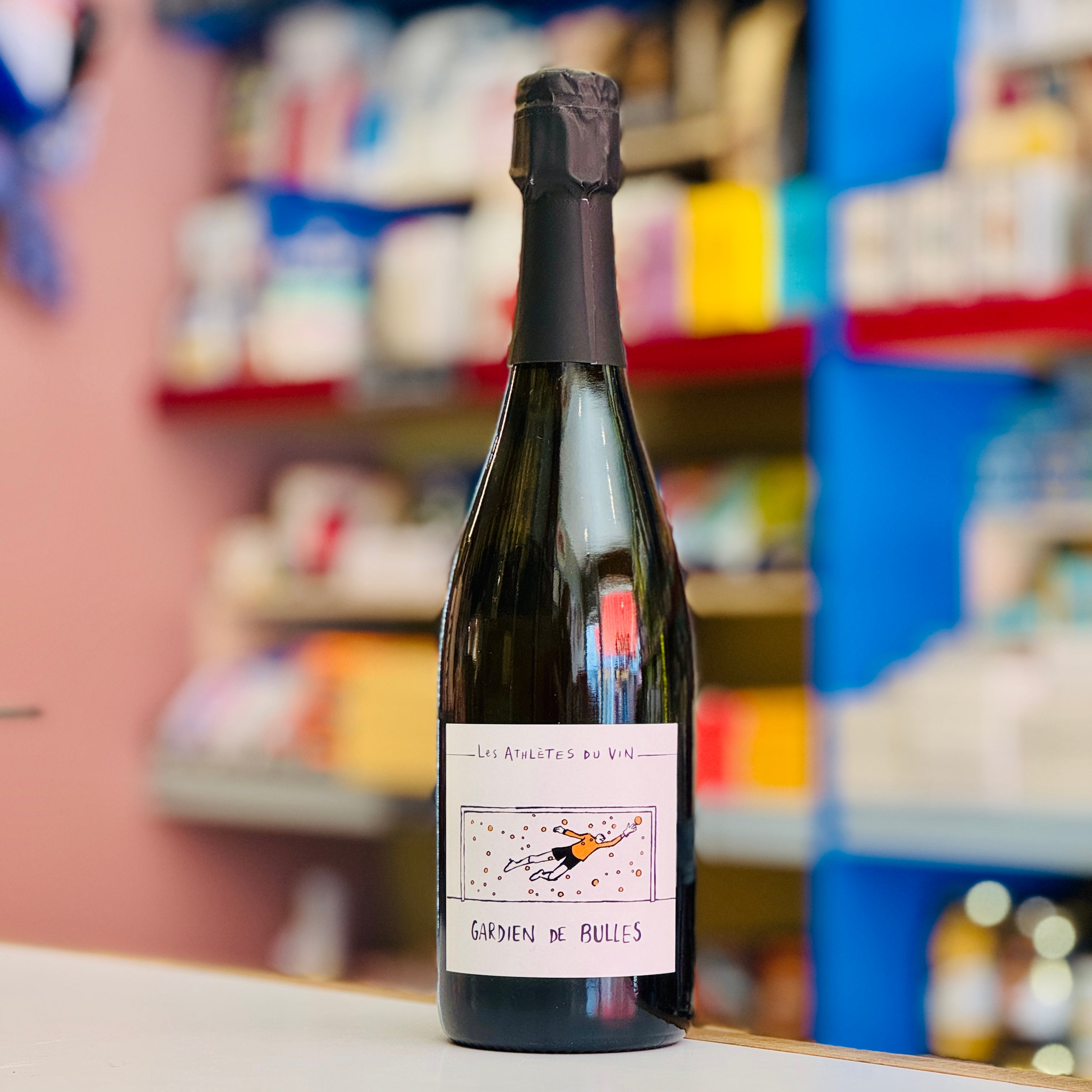 Wine bottle with a label on a shelf in a store