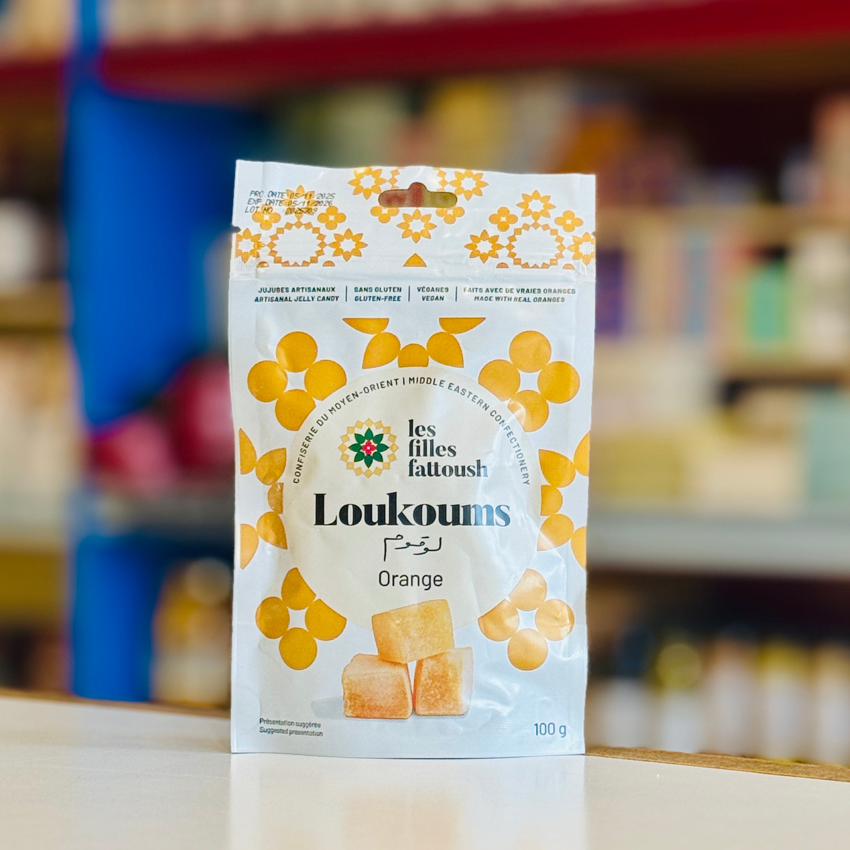 Package of Loukoums Orange with brand logo on a blurred background
