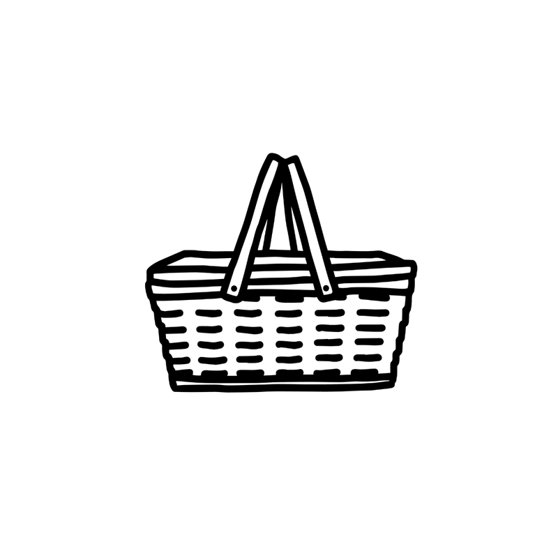 A woven picnic basket, drawn in line art