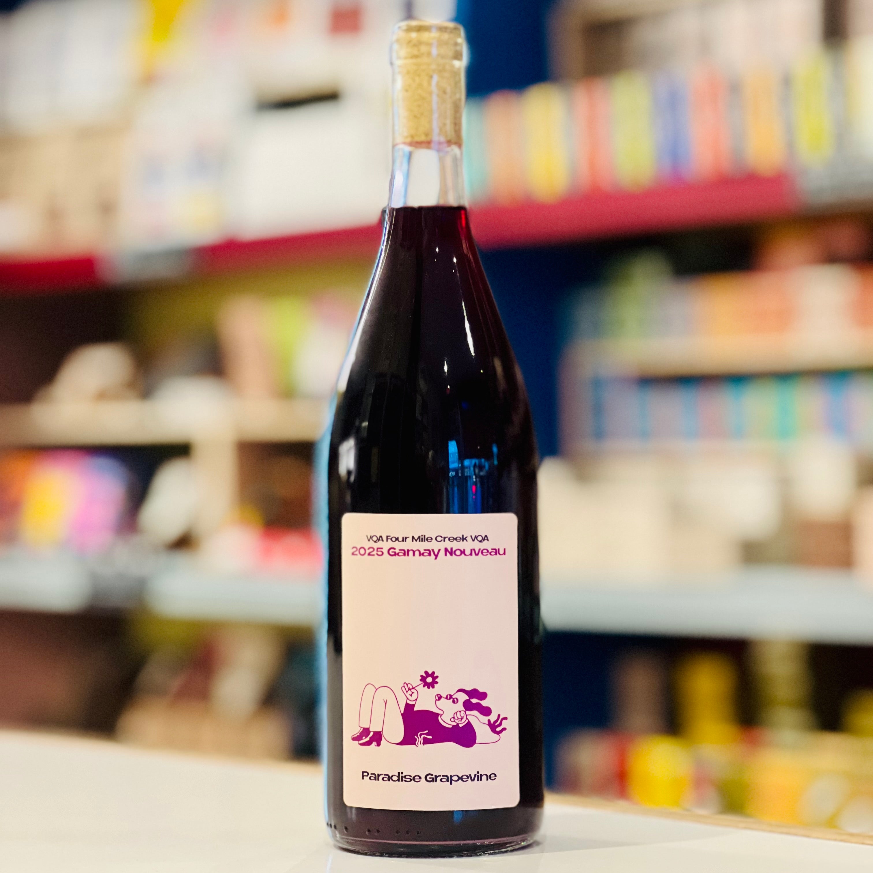 Bottle of wine with a label in a store setting