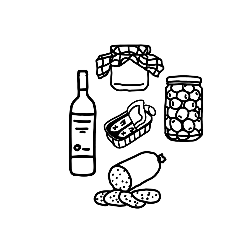 A bottle, preserves, tinned fish, olives and salami, drawn in line art