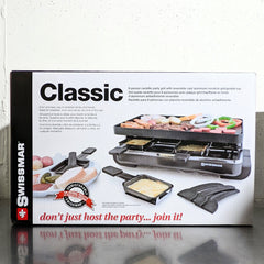 Swissmar raclette grill packaging with images of the grill and food on a white background